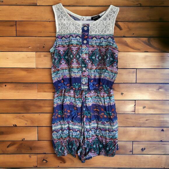 Zunie Girls Romper Size 10 Cream Lace Trim Shorts Blue Aqua Orange Tribal Print - Picture 3 of 7